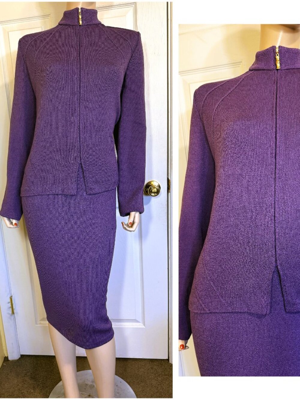 Nice St John Purple Skirt & Jacket Suit w Front Zipper sz 16